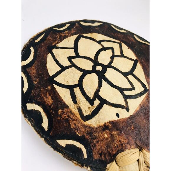 Rattan Hand Held Fan Polynesian Kapa Bark Raffia Antique Woven - Picture 6 of 10